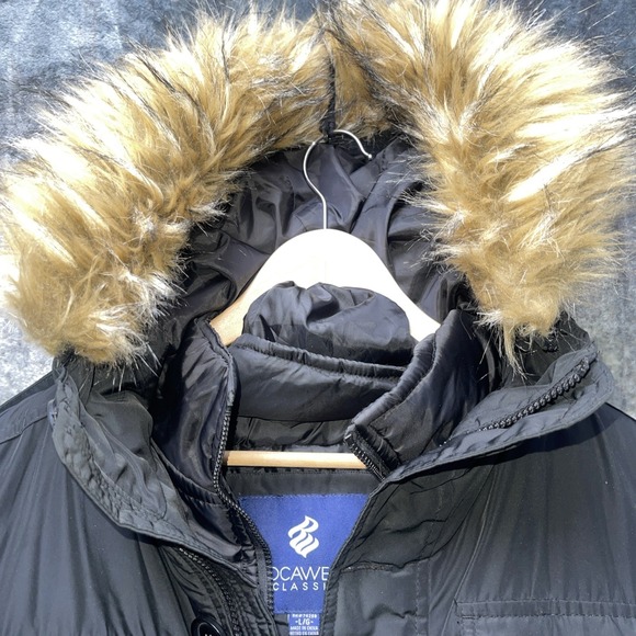Rocawear Classic Womens Black  Puffer Jacket Faux Fur Detachable Hood Sz Large - Picture 2 of 9